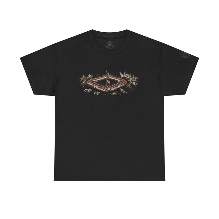 Black t-shirt by S&amp;W Gallus, featuring a historical battle illustration on the chest.