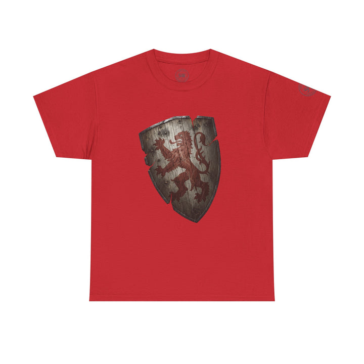 Red t-shirt by S&amp;W Gallus featuring a medieval shield graphic with heraldic lion, shown flat.