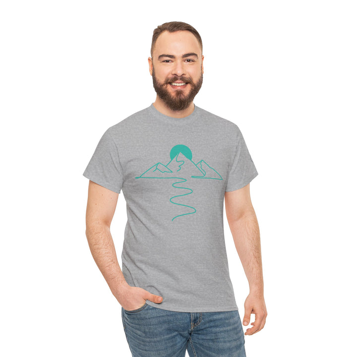 Gray tee shirt by S&amp;W Gallus with a teal mountain and winding path graphic, styled with jeans.