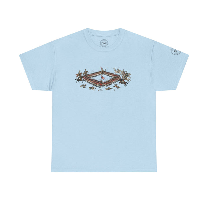Light blue tee shirt by S&amp;W Gallus, featuring a square arrangement of British infantry against cavalry.