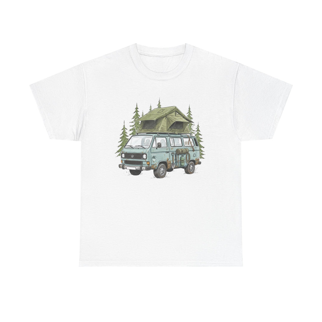 Van Life Adventure T-Shirt - Retro Camper Van &amp; Rooftop Tent Tee