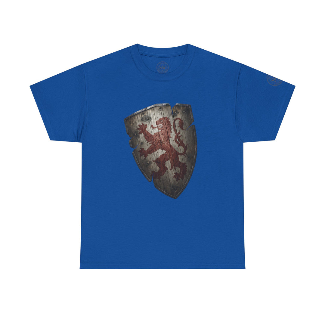 Blue t-shirt by S&amp;W Gallus featuring a lion on a wooden shield in the center.