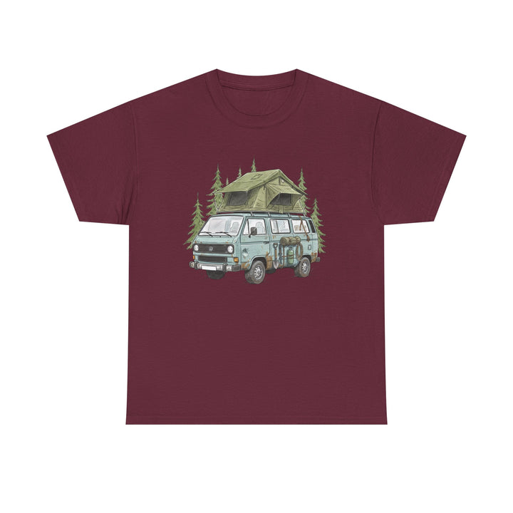 Van Life Adventure T-Shirt - Retro Camper Van &amp; Rooftop Tent Tee