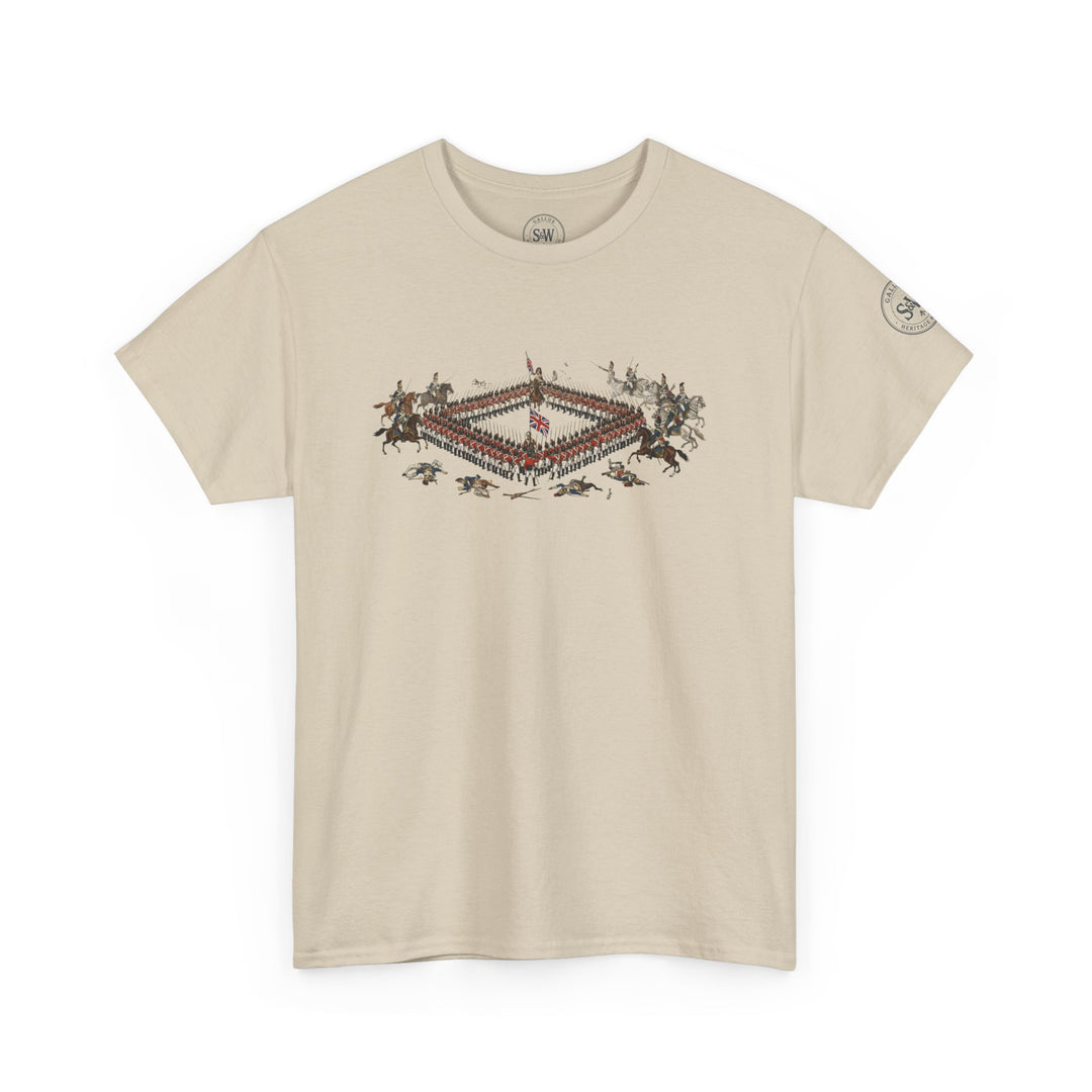 Sand-colored t-shirt by S&amp;W Gallus with a centered vintage print of the Battle of Waterloo.