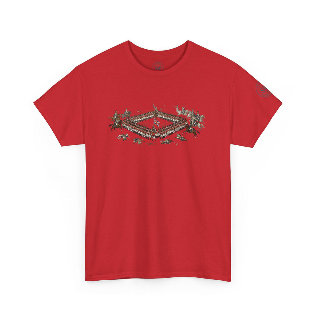 Red t-shirt by S&amp;W Gallus featuring the historic Battle of Waterloo design printed on the front.