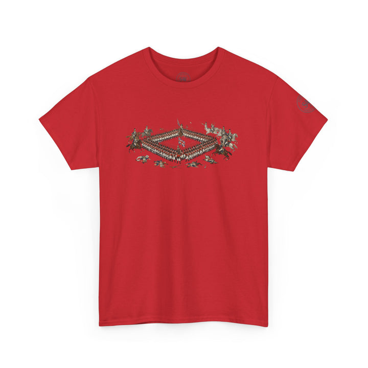 Red t-shirt by S&amp;W Gallus featuring the historic Battle of Waterloo design printed on the front.