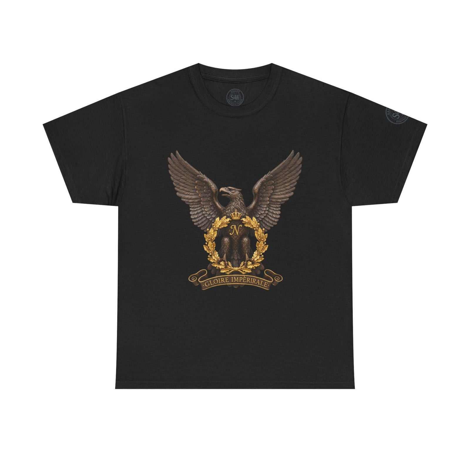 Black T-shirt by S&W Gallus, featuring a decorative Napoleonic eagle crest.