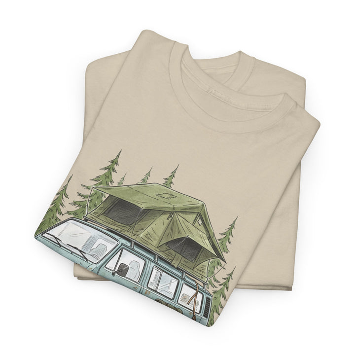Van Life Adventure T-Shirt - Retro Camper Van &amp; Rooftop Tent Tee