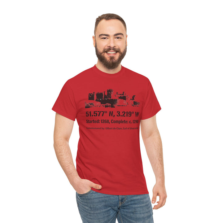 Red T-shirt by S&amp;W Gallus, featuring a castle graphic and coordinates, paired with jeans on a smiling model.