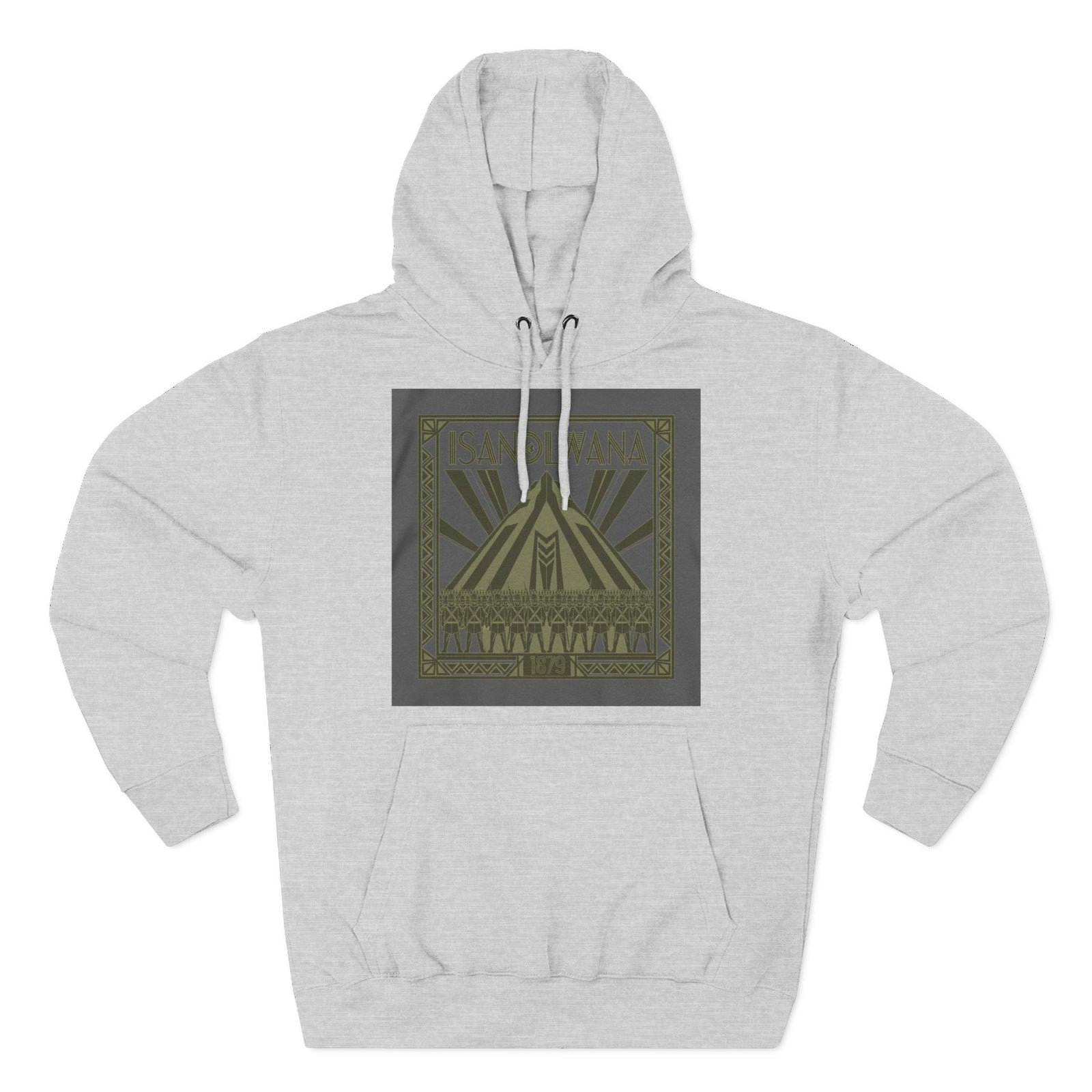 Gray hoodie by S&W Gallus with a square design featuring a mountain, Zulu shield emblem, and Zulu warriors.
