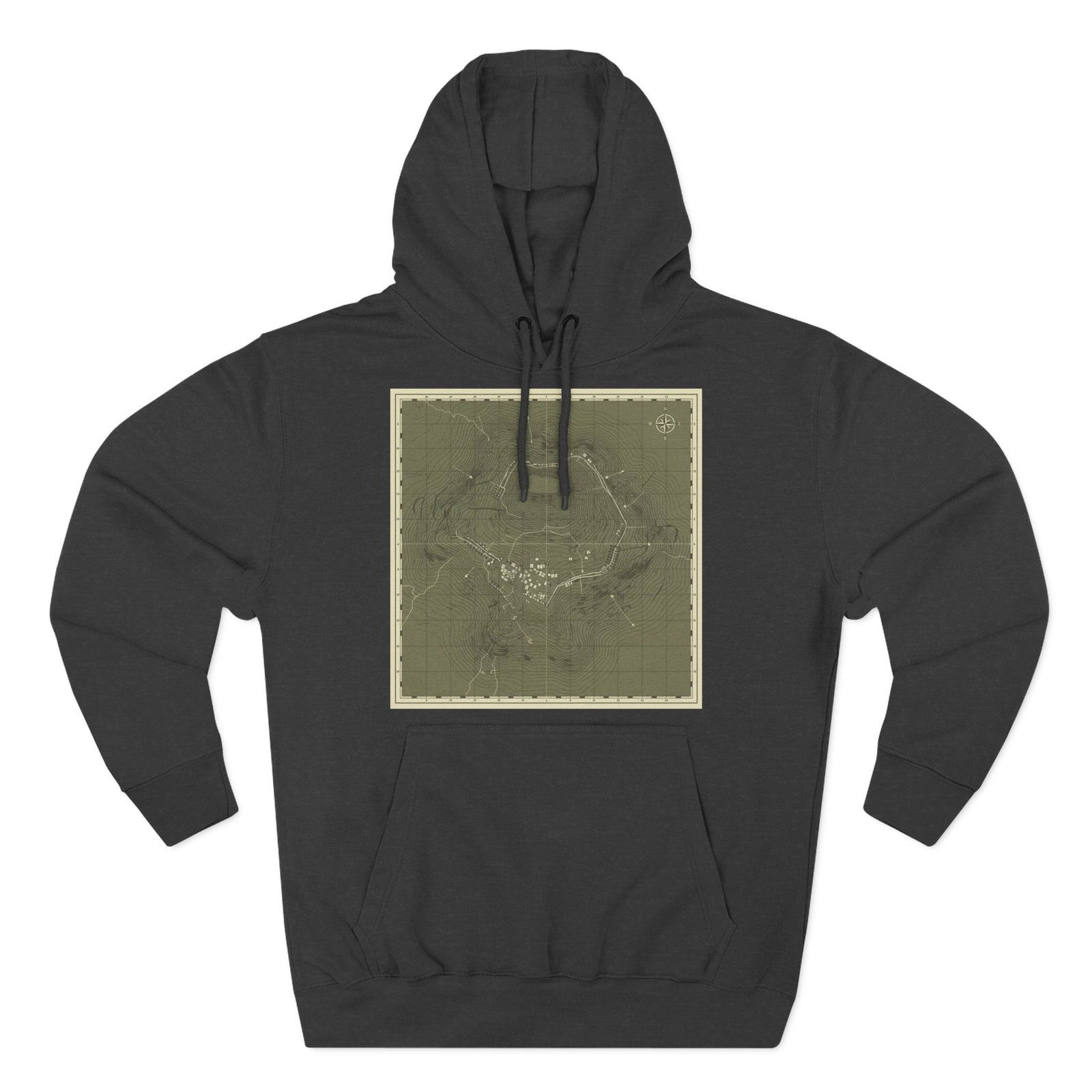 Charcoal hoodie by S&W Gallus featuring a green Isandlwana map graphic on the front.