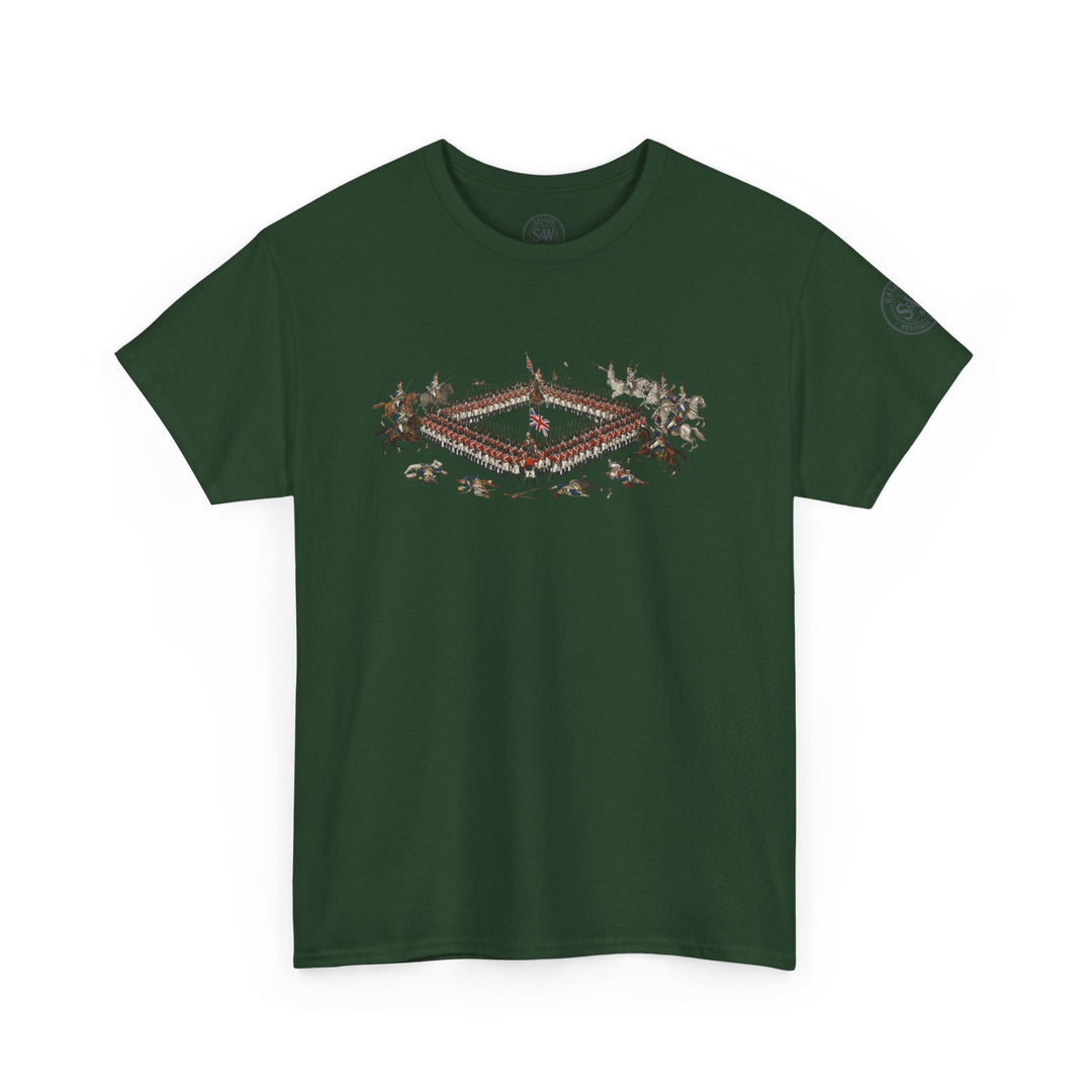 Forest green t-shirt by S&amp;W Gallus, featuring a historical military formation graphic on the chest.