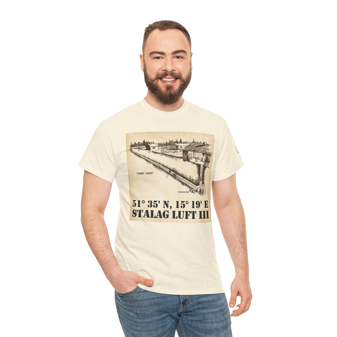 Graphic tee by Veteran owned, featuring a "Tunnel Harry" schematic and coordinates, paired with jeans.