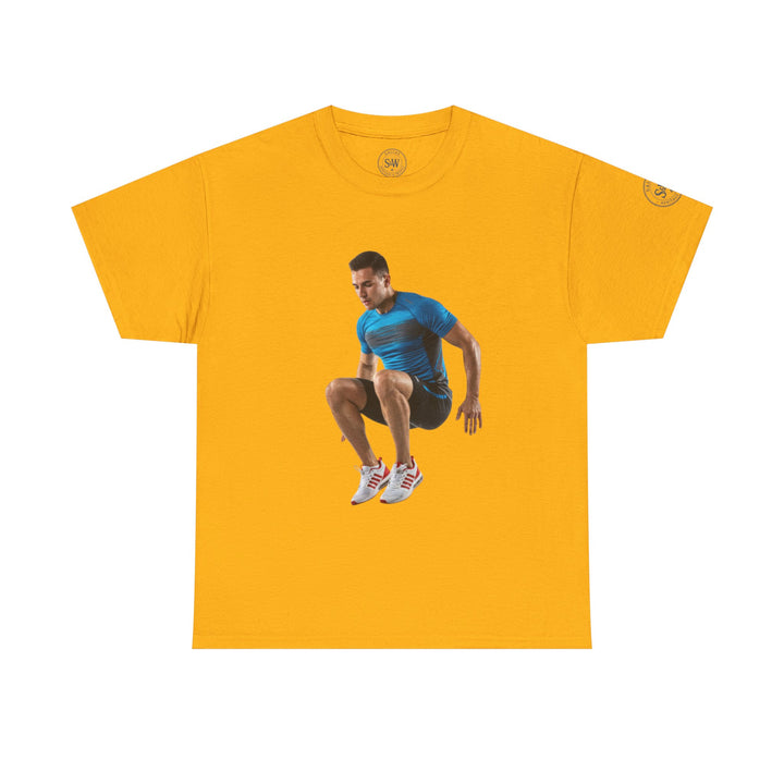 Yellow t-shirt by S&amp;W Gallus, featuring an image of an athlete jumping.