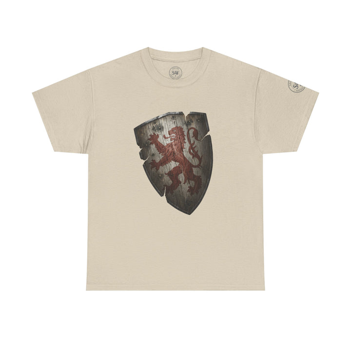 Beige t-shirt by S&amp;W Gallus featuring a distressed, wooden shield graphic with a red lion rampant.