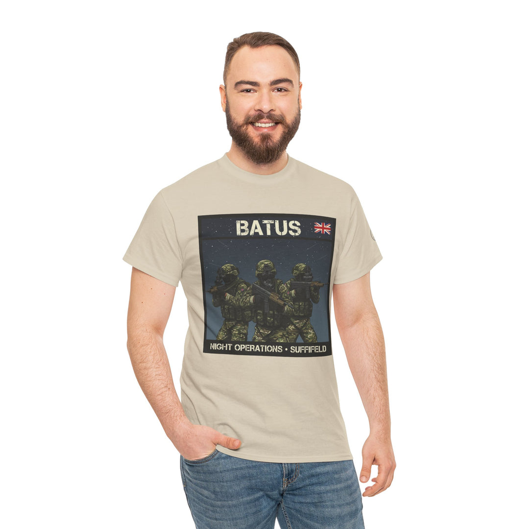 Tan t-shirt with a military graphic by S&amp;W Gallus, featuring soldiers and a British flag.
