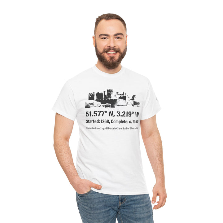 Caerphilly Castle T-shirt by S&amp;W Gallus, featuring a landmark graphic with historical facts, worn with jeans.