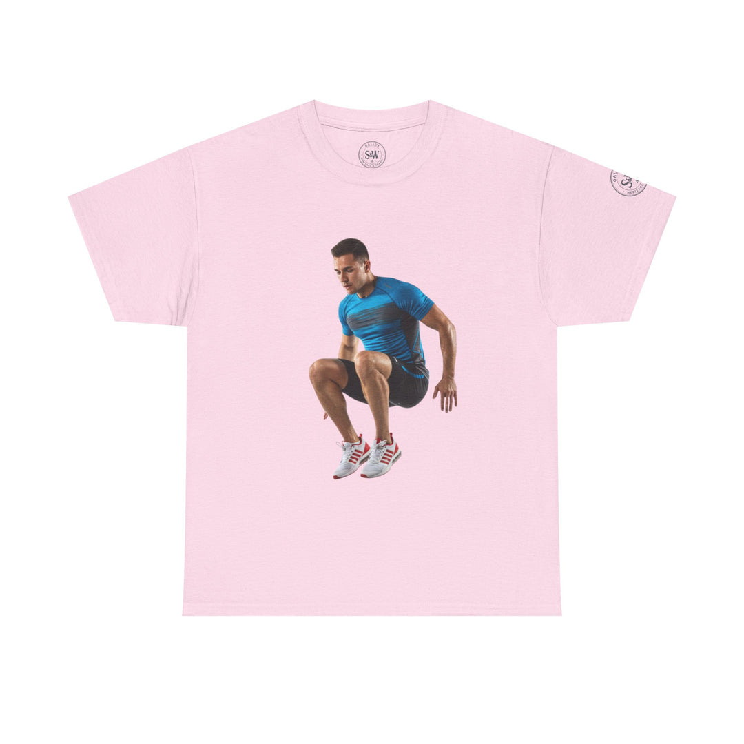 Pink t-shirt by S&amp;W Gallus, featuring a man in athletic attire jumping.