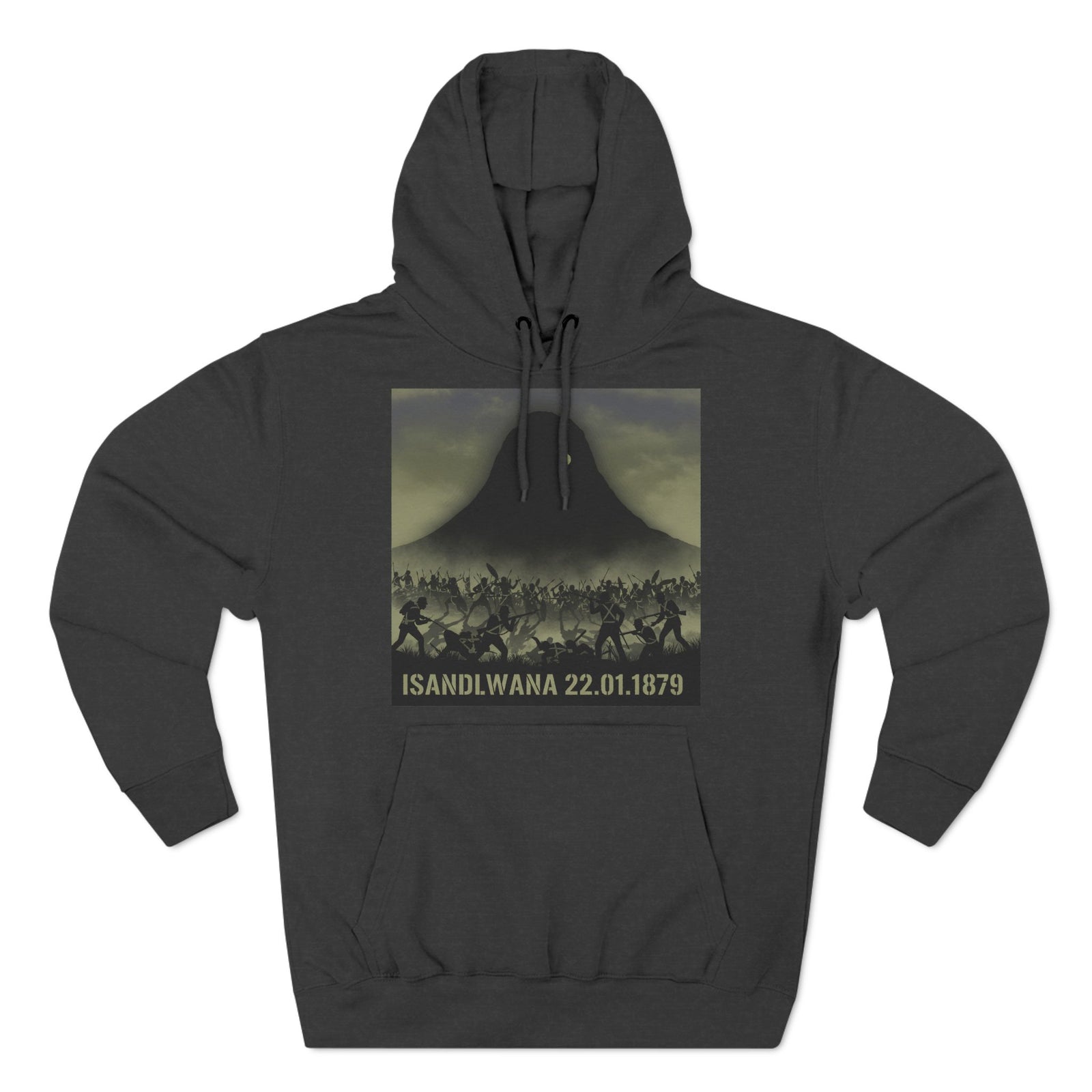Charcoal hoodie by S&W Gallus featuring a historic battle scene graphic with a mountain backdrop.