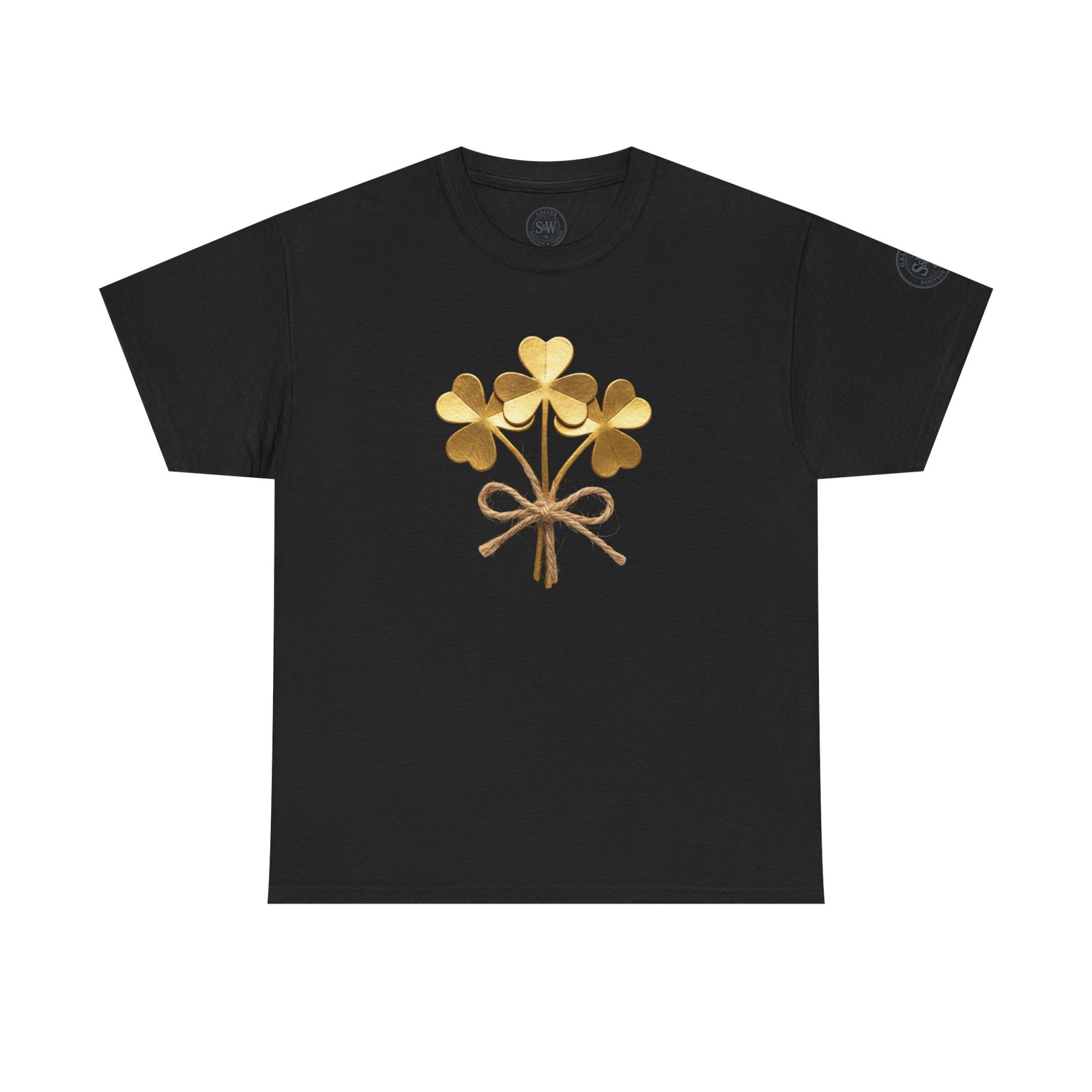 Black t-shirt by S&W Gallus with a golden shamrock bouquet tied with a jute bow.