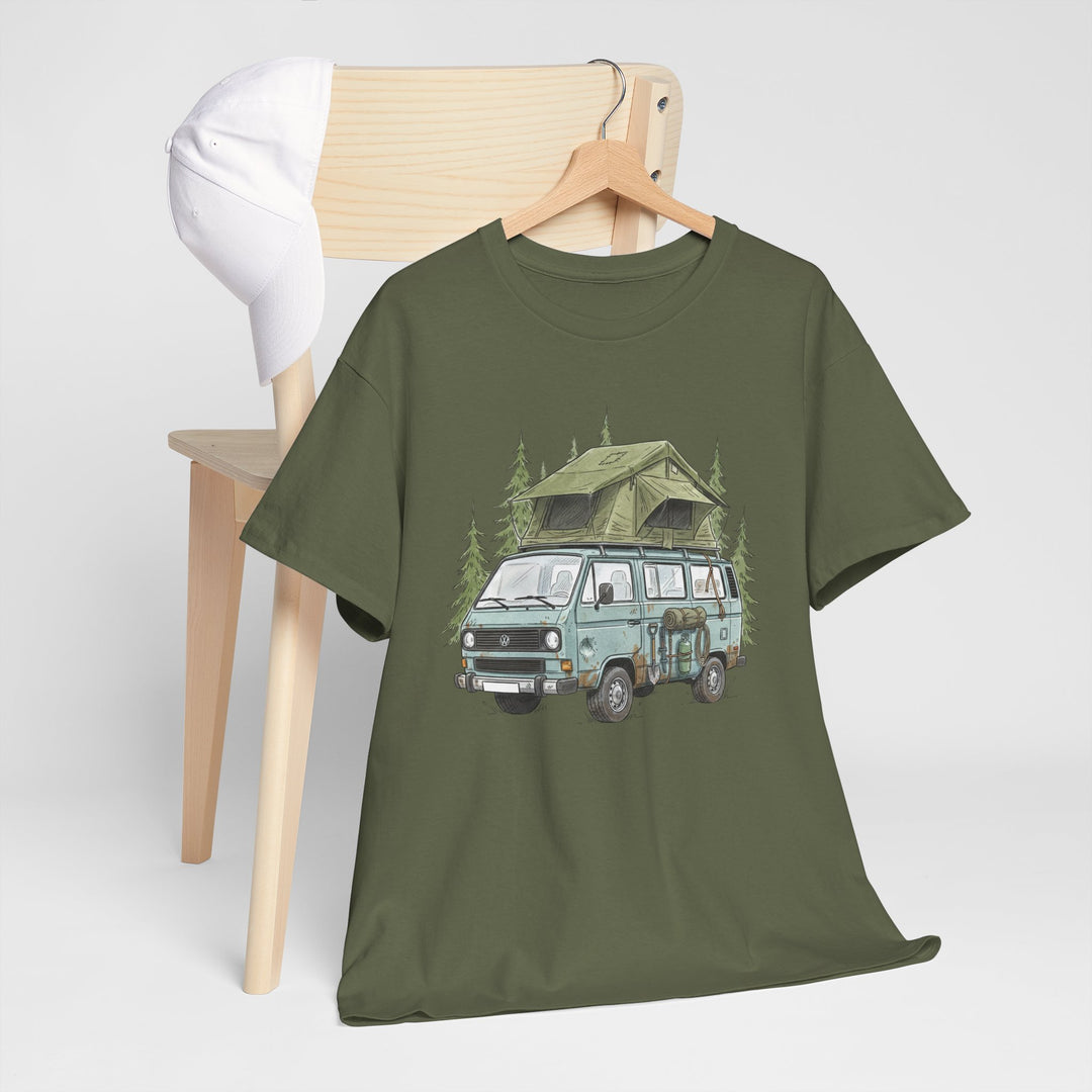 Van Life Adventure T-Shirt - Retro Camper Van &amp; Rooftop Tent Tee