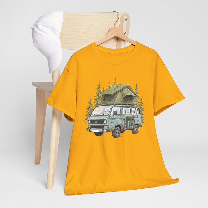 Van Life Adventure T-Shirt - Retro Camper Van &amp; Rooftop Tent Tee