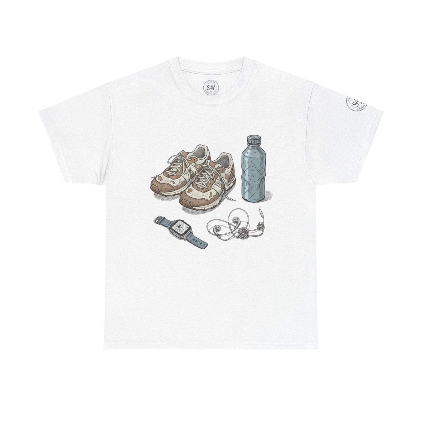 White t-shirt by S&W Gallus with a graphic print of running shoes, a water bottle, headphones, and a smartwatch.
