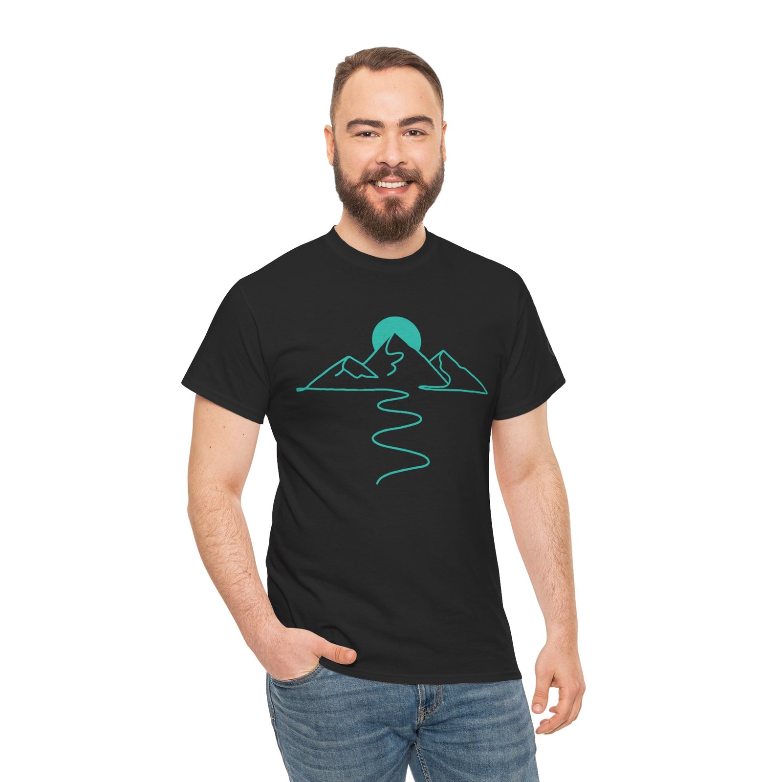 Black T-shirt with a mountain icon by S&W Gallus, featuring a stylized graphic in blue.