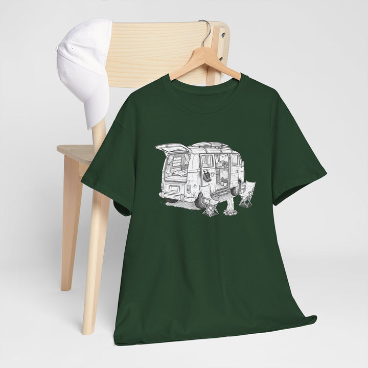 Open Van Sketch T-Shirt featuring a detailed van illustration. Soft, breathable cotton with a relaxed fit for everyday casual style.