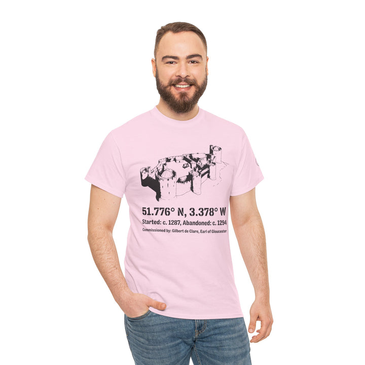 Light pink t-shirt by S&amp;W Gallus, featuring a black Morlais Castle graphic and coordinates, styled with casual jeans.