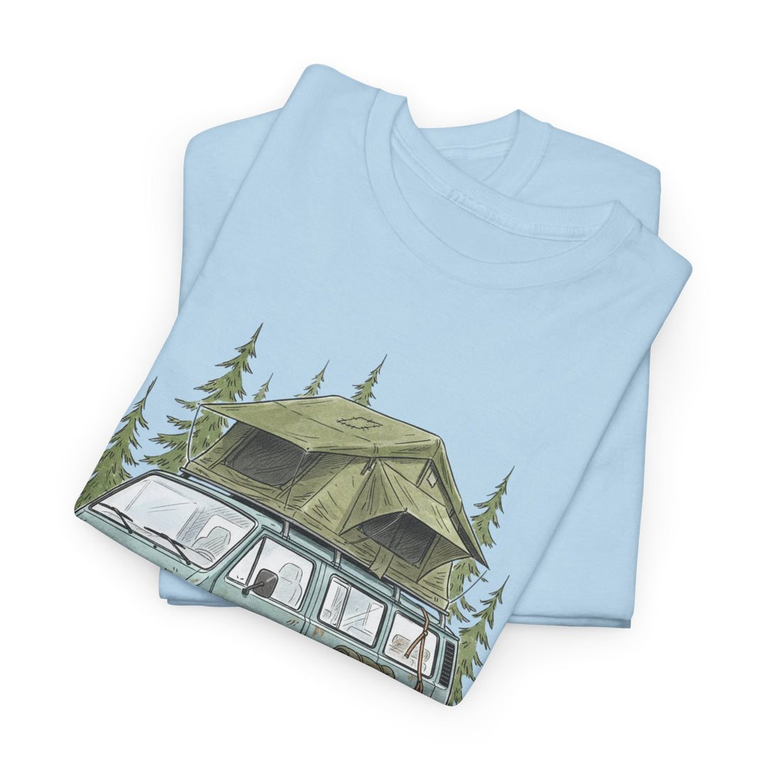Van Life Adventure T-Shirt - Retro Camper Van &amp; Rooftop Tent Tee