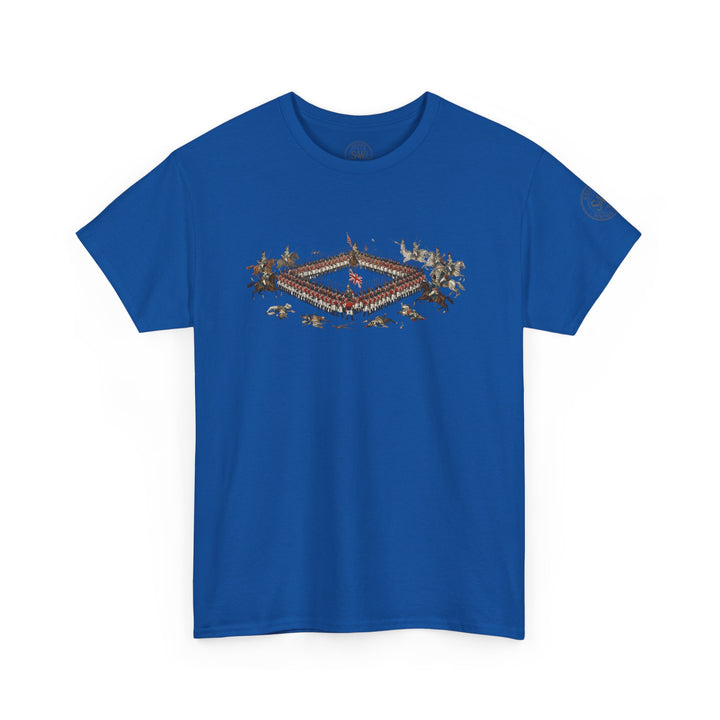Blue t-shirt by S&amp;W Gallus with a graphic print of the Battle of Waterloo on the chest.