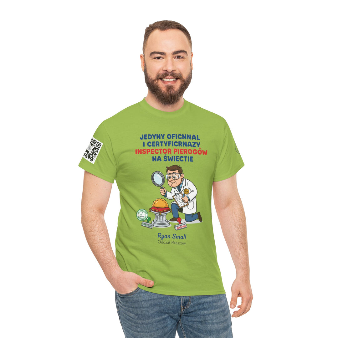 Lime green t-shirt by S&amp;W Gallus featuring a cartoon pierogi inspector, worn with blue jeans by a smiling man.