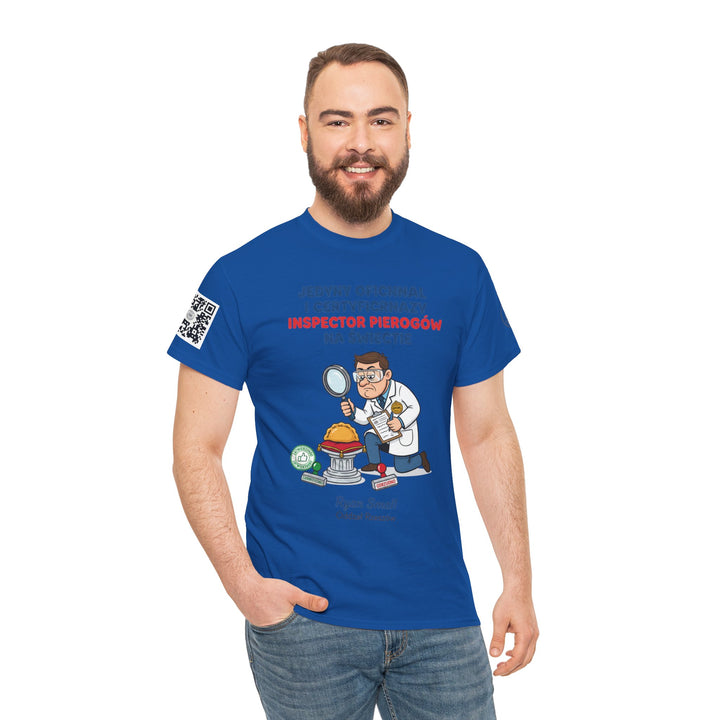 Royal blue t-shirt by S&amp;W Gallus, featuring a cartoon inspector design and Polish text, worn with jeans.