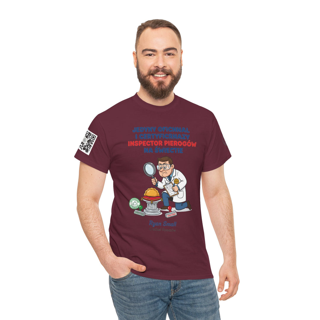 Maroon t-shirt with pierogi inspector graphic by S&amp;W Gallus, worn with jeans and a smile.

