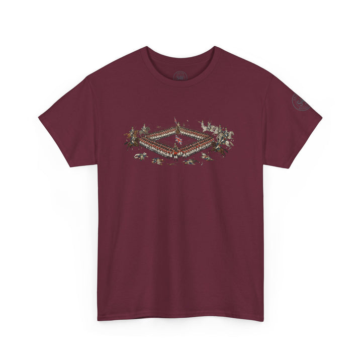 Burgundy t-shirt by S&amp;W Gallus featuring British infantry and cavalry from the Battle of Waterloo.