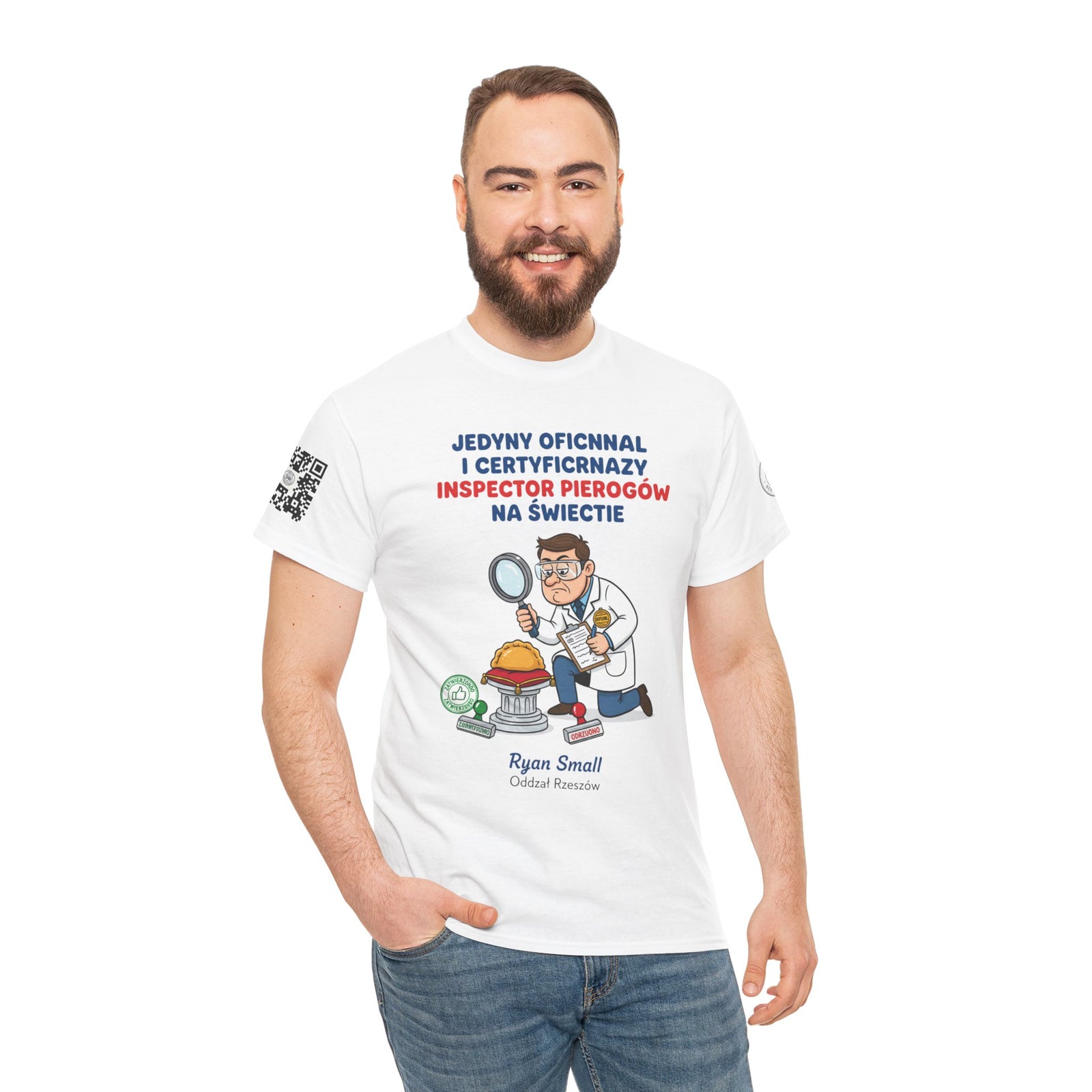 "Jedyny Oficjalny i Certyfikowany Inspector Pierogów na Świecie" Polish Pierogi Lover T-shirt by S&W Gallus, featuring a cartoon inspector design.