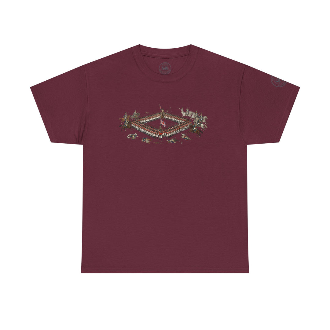Burgundy t-shirt by S&amp;W Gallus displaying a square battle scene graphic.