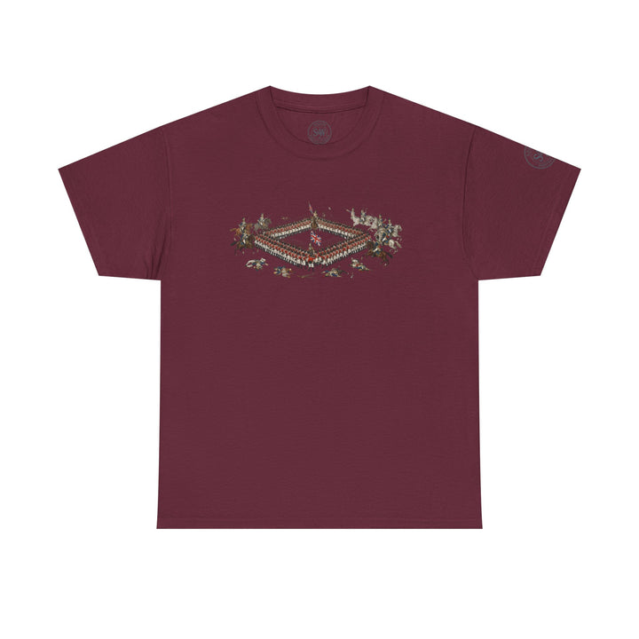 Burgundy t-shirt by S&amp;W Gallus displaying a square battle scene graphic.