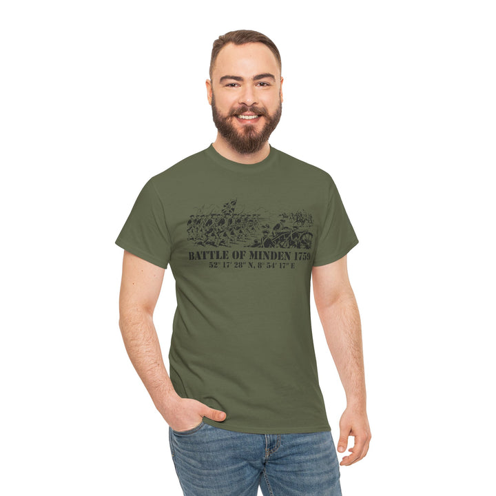 Olive green t-shirt by S&amp;W Gallus featuring a battle scene graphic with text, worn with blue jeans.