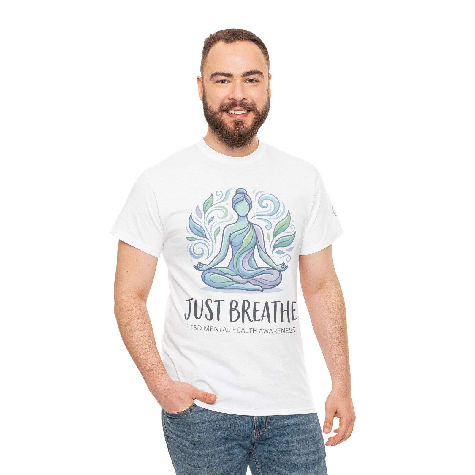 White T-shirt by Veteran owned, featuring a graphic design with the text "Just Breathe" and a yoga illustration.