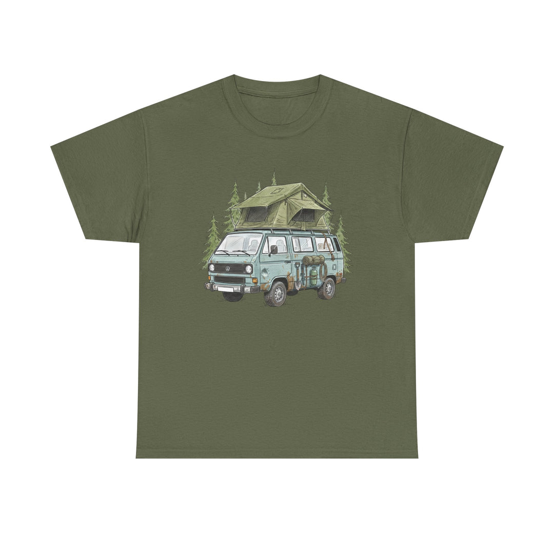 Van Life Adventure T-Shirt - Retro Camper Van &amp; Rooftop Tent Tee
