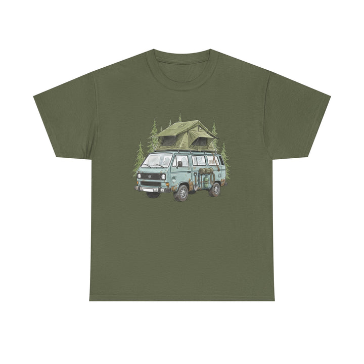 Van Life Adventure T-Shirt - Retro Camper Van &amp; Rooftop Tent Tee
