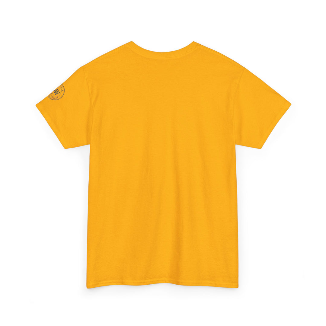 Golden yellow t-shirt by S&amp;W Gallus, featuring a circular logo printed on the left sleeve.