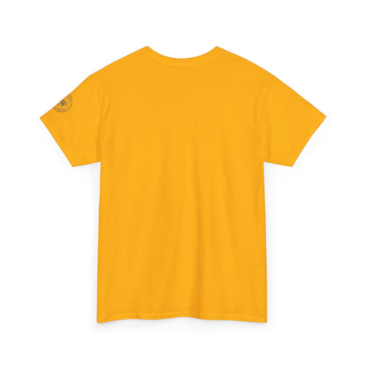 Golden yellow t-shirt by S&amp;W Gallus, featuring a circular logo printed on the left sleeve.