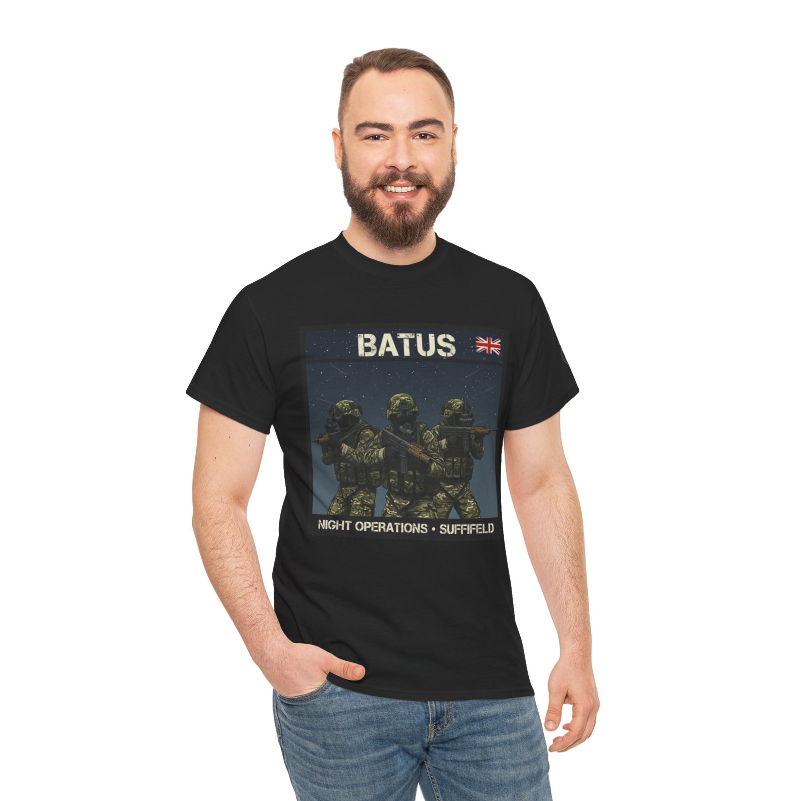 Black military graphic t-shirt by S&W Gallus, featuring a "BATUS" graphic with soldiers in camouflage uniforms.