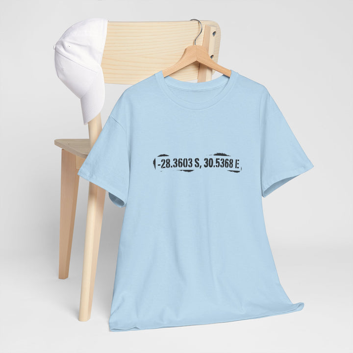 Rorke’s Drift T-Shirt featuring historic battle coordinates. Honor the 1879 Anglo-Zulu War with precise latitude &amp; longitude design.