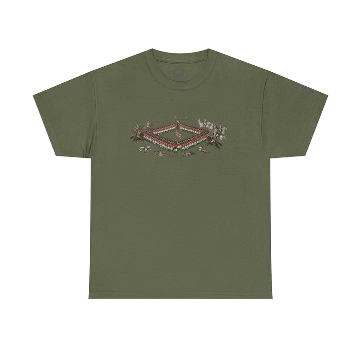 Olive green T-shirt by S&amp;W Gallus, featuring a historical print of the Battle of Waterloo on the front.