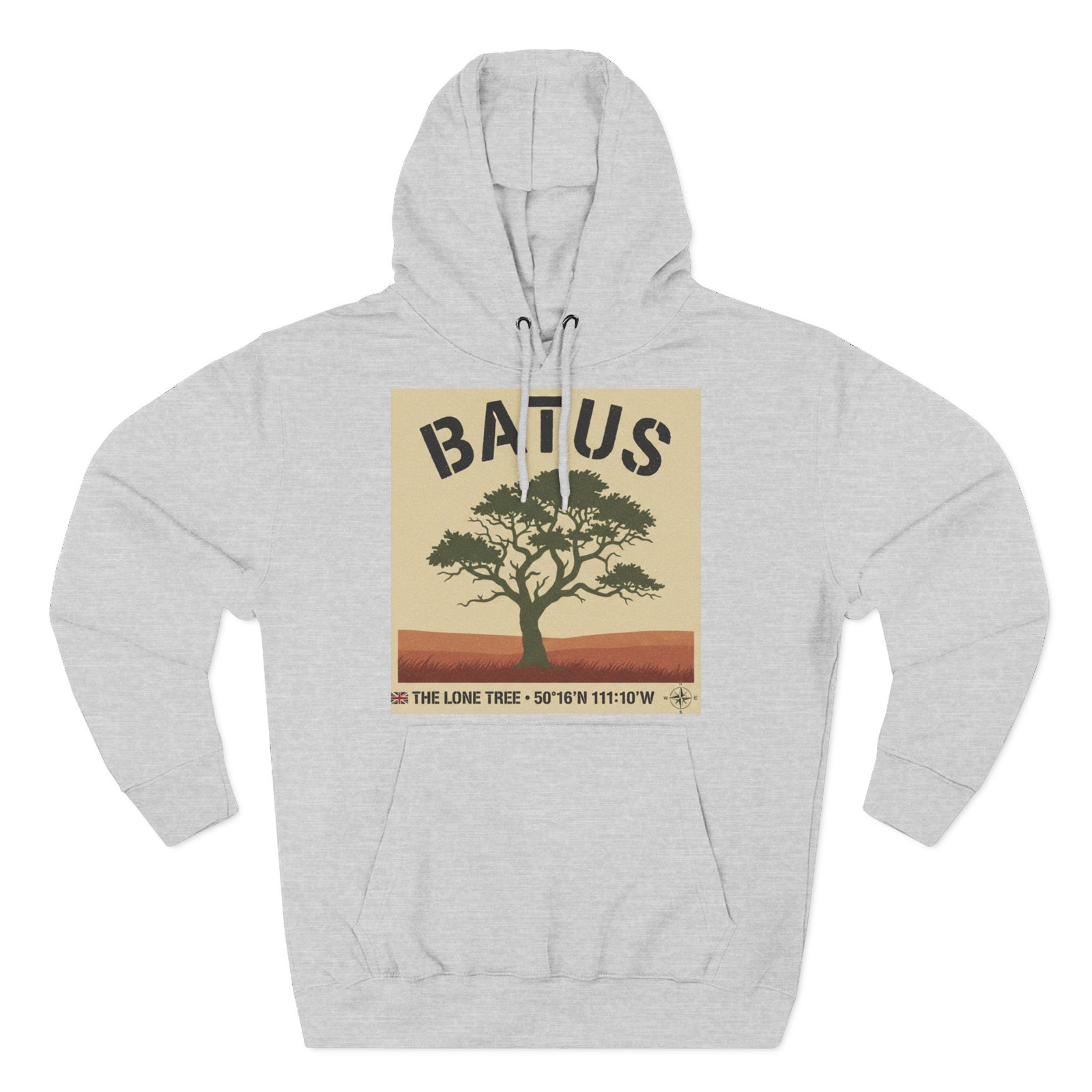 Gray BATUS Lone Tree graphic hoodie by S&W Gallus featuring a desert tree and coordinates design.